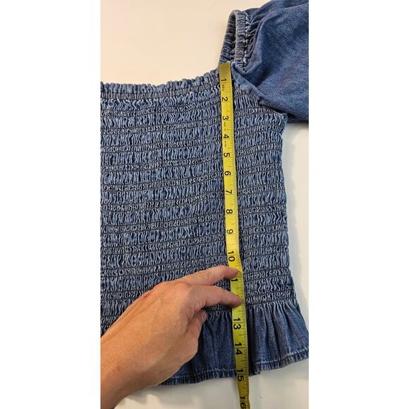 Gap sz M Smocked bust puff sleeve frill denim chambray crop top peplum stretch - Picture 8 of 8